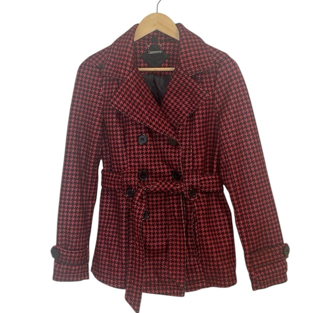 Jou Jou Black and Red Houndstooth Women's Pea Coat, Medium
